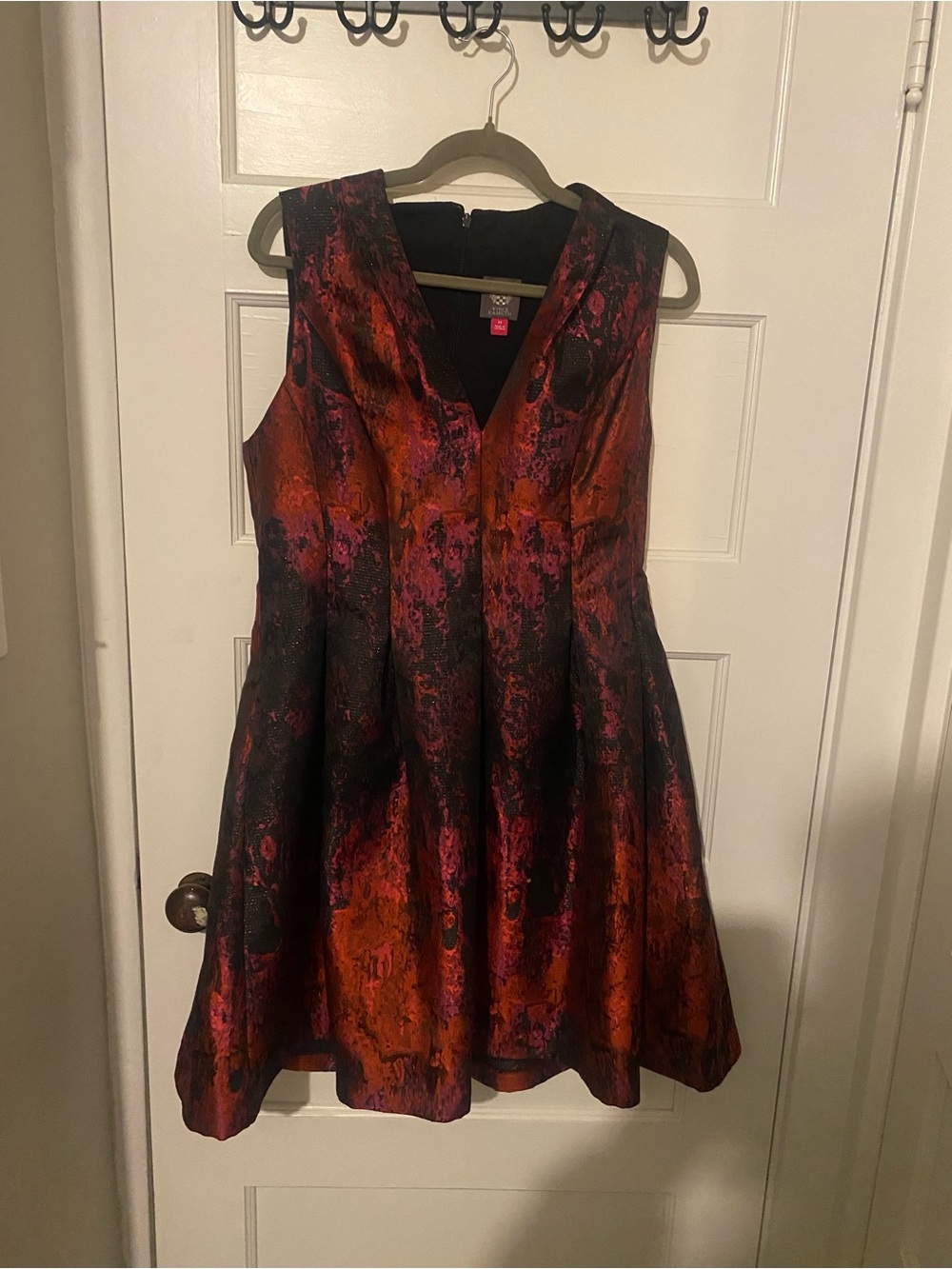 Vince Camuto Orange, Red & Black Textured V-Neck Fit-and-Flare Dress